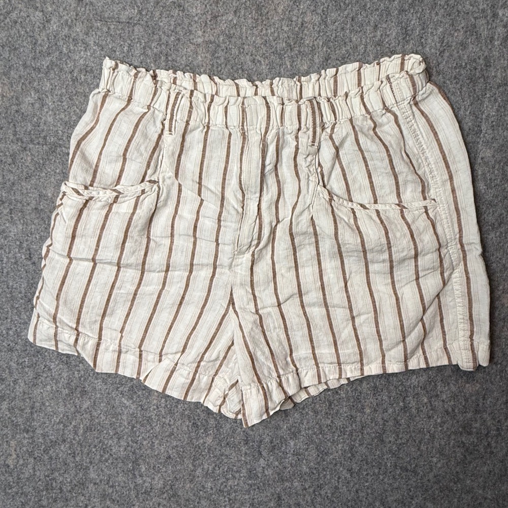 Lou & Grey Striped 100% Linen Shorts Women L White Brown Elastic Waist Casual